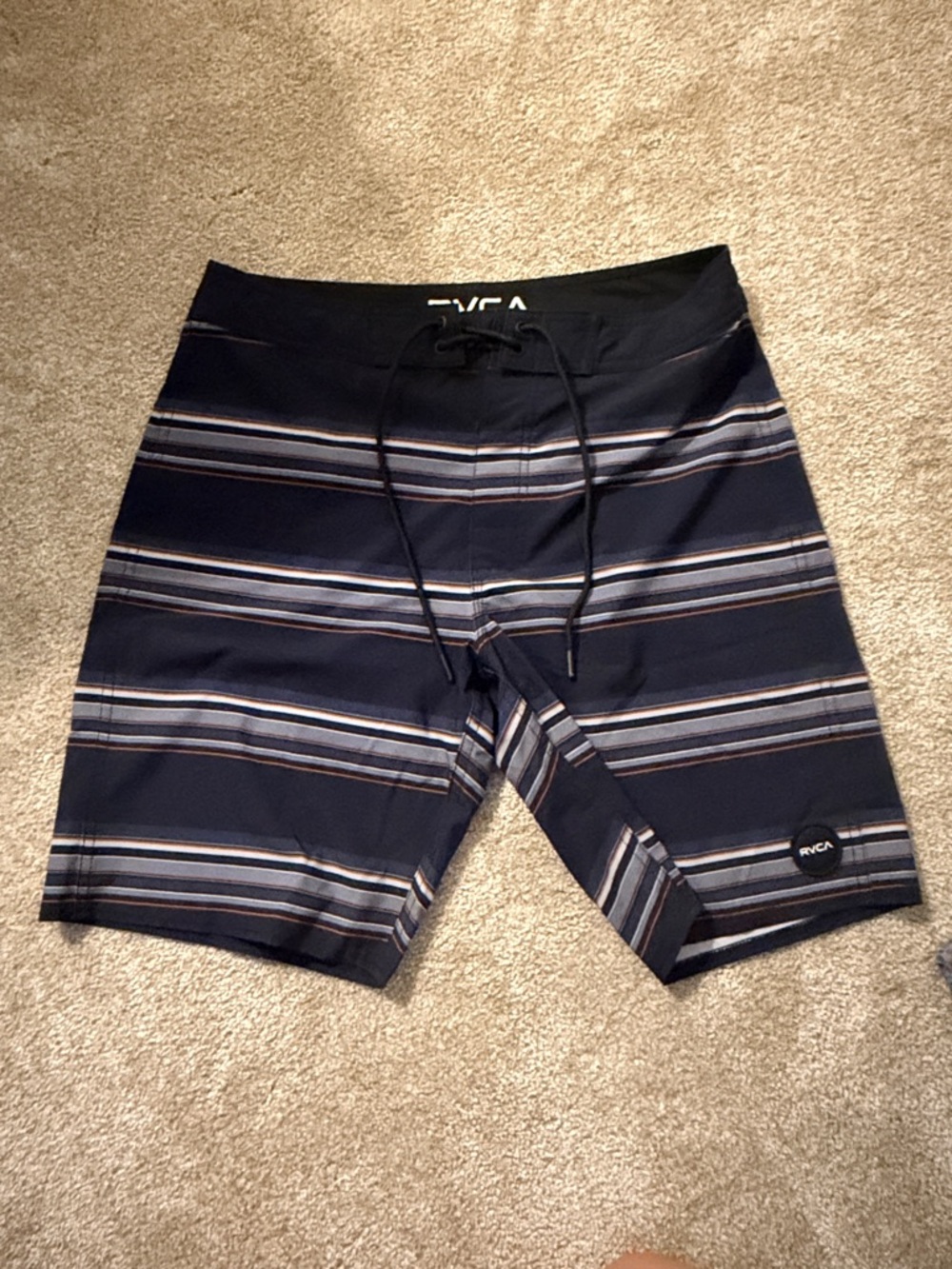 RVCA Navy, Gray and White Striped Men’s Board Shorts with Lace-Up Waist